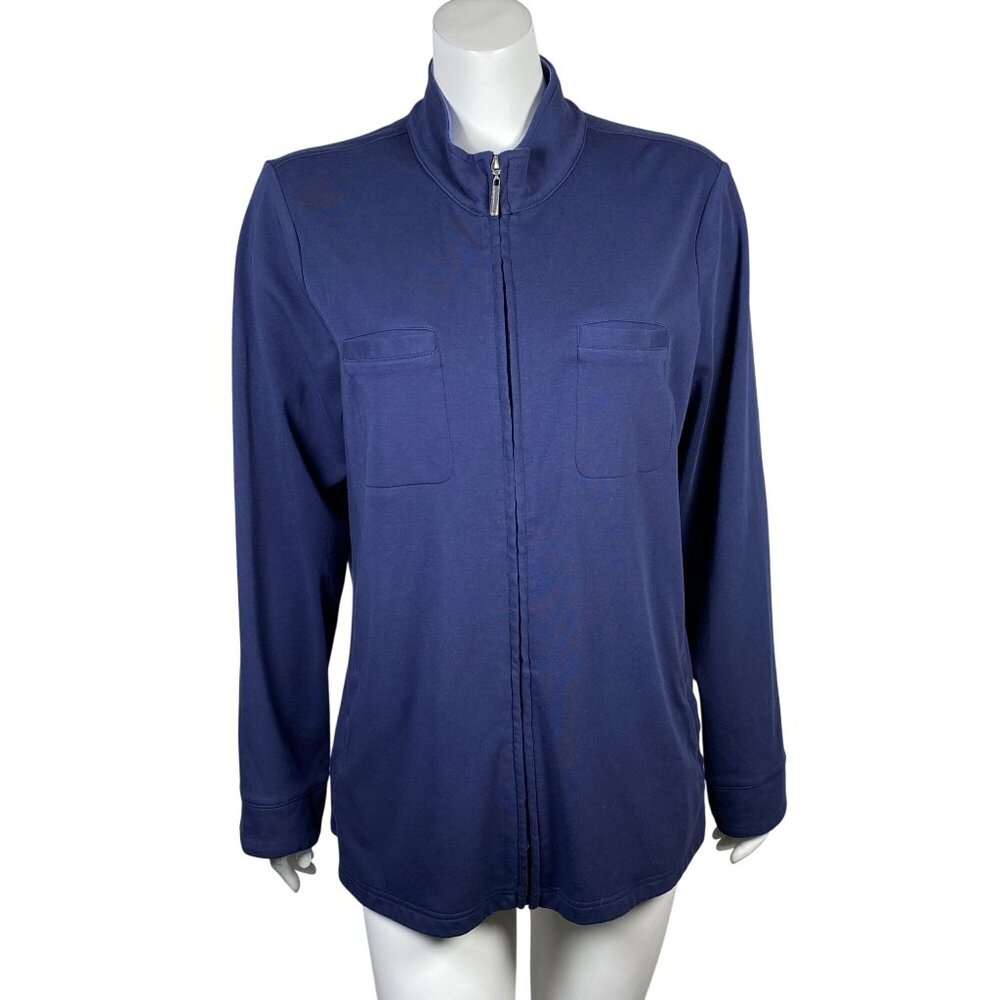 Appleseeds Zip Up Jacket Womens L Long Sleeves Stand Up Collar Blue Stretch